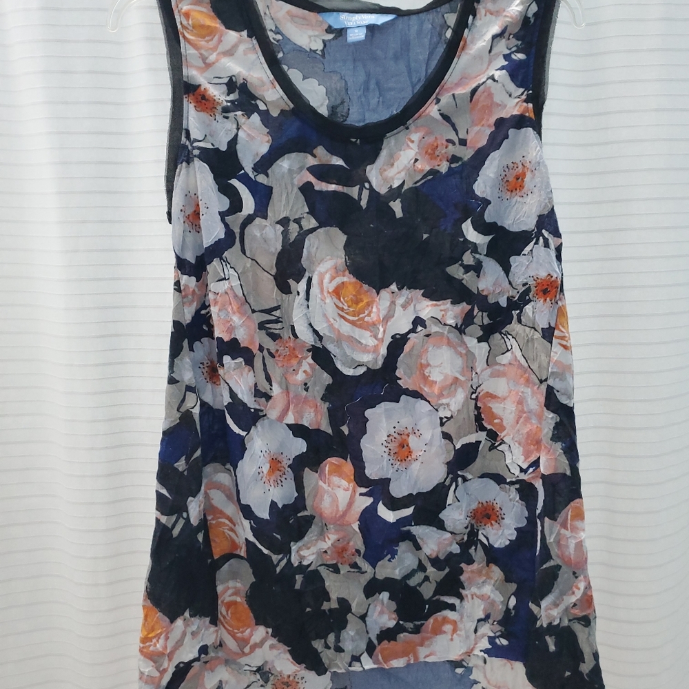 Simply Vera: small dressy flowered tank top. Multi-colored grey, white, blue, or